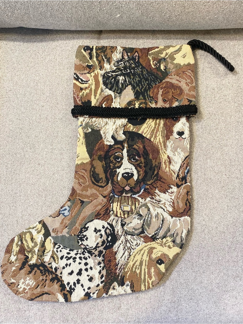 VTG 80s Nadia Tapestry Dog Fabric Handmade Christmas Stocking Black Brocade Trim